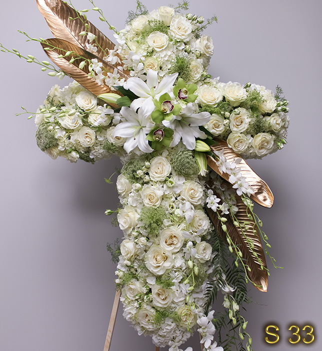gorgeous funeral cross with red carnations and white roses we deliver to Forest Lawn Hollywood Hills, Burbank