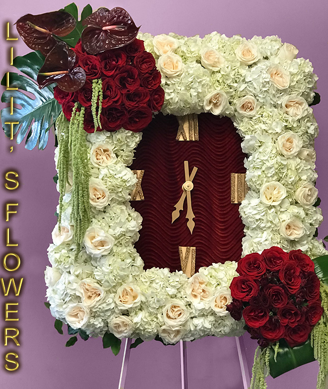 Funeral Florist in Los Angeles, CA Flower Delivery - beautiful funeral clock  - beautiful funeral clock composed of white and red roses and white hydrangea-
Lilit's Flowers is the premier sympathy flower shop for Los Angeles, CA and the surrounding towns. Order flowers online from Glendale Florist for same day local flower delivery from conveniently located shops in Southern California to send flowers to Glendale, Los Angeles,  Hollywood, Echo Park, Silver Lake, Atwater Village, Burbank, Sherman Oaks, La CaƱada, Flintridge, Pasadena, San Marino, Alhambra, Arcadia, Thousand Oaks, Tarzana, Tujunga, La Crescenta,Toluca Lake and more.
Make sure to share with us your arrangement.
 https://goo.gl/maps/Jgj1JeCetJv - white spray - sympathy flowers Los Angeles, CA